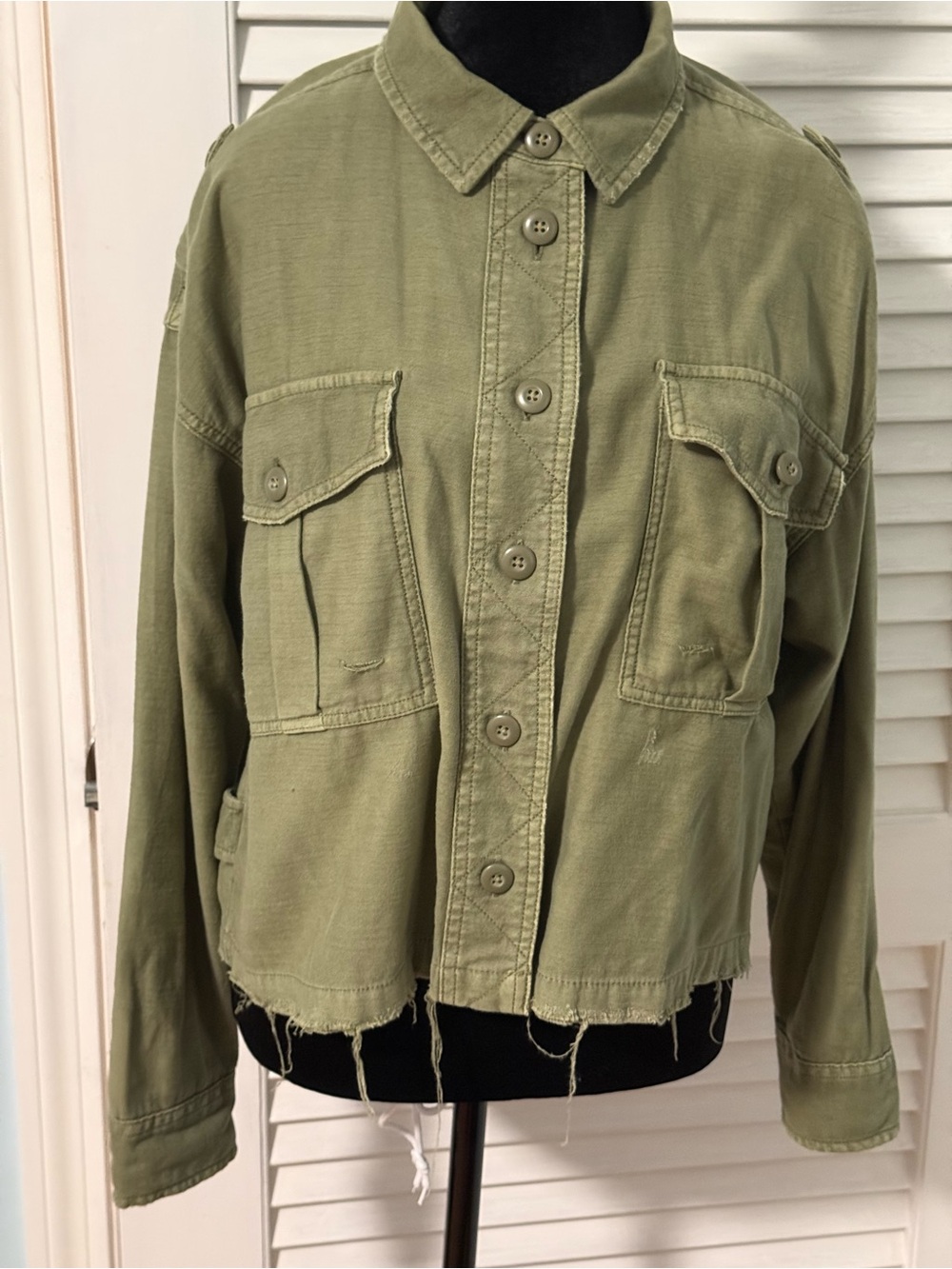 American Eagle Olive Green Military-Style Button Front cropped distressed jacket